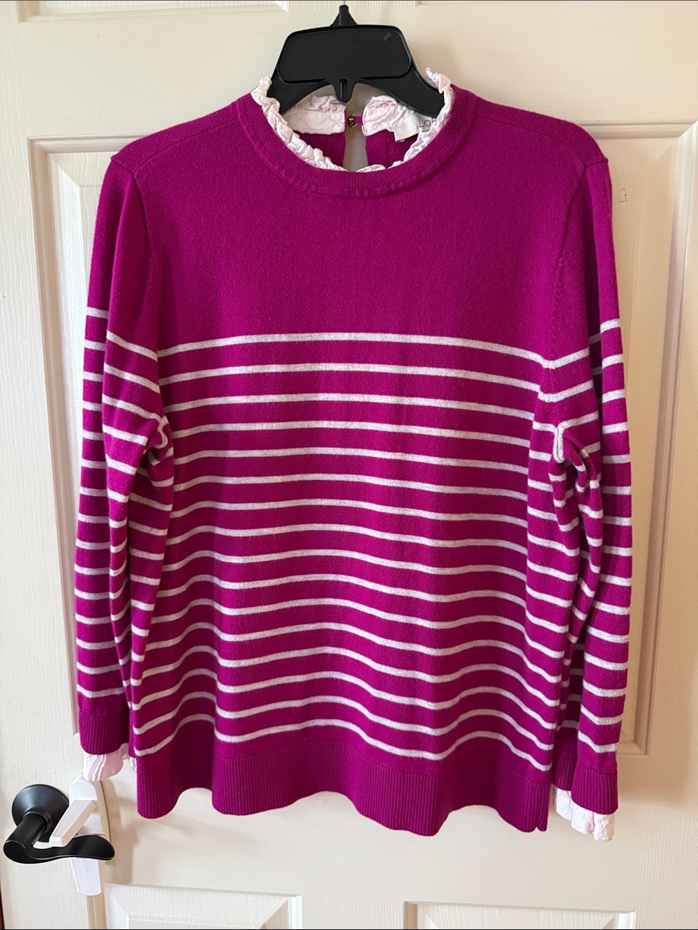 LOFT Magenta and White Striped Crewneck Sweater